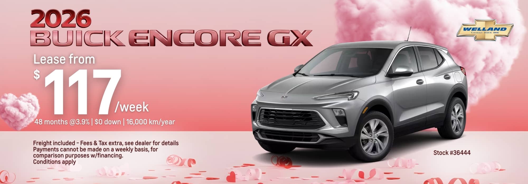 2026 Buick Encore GX lease offer, $117/week, $0 down, 48 months at 3.9%, 16,000 km/year. Background with pink clouds.