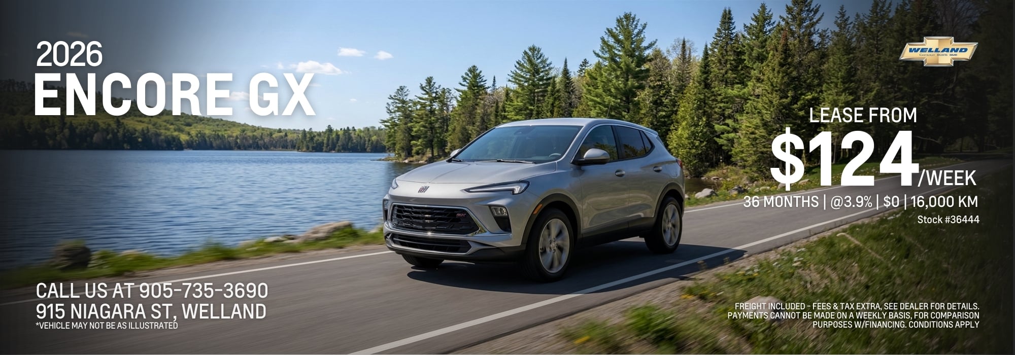 2026 Encore GX driving by a lake and trees, lease from $124/week. Call 905-735-3690 for details.