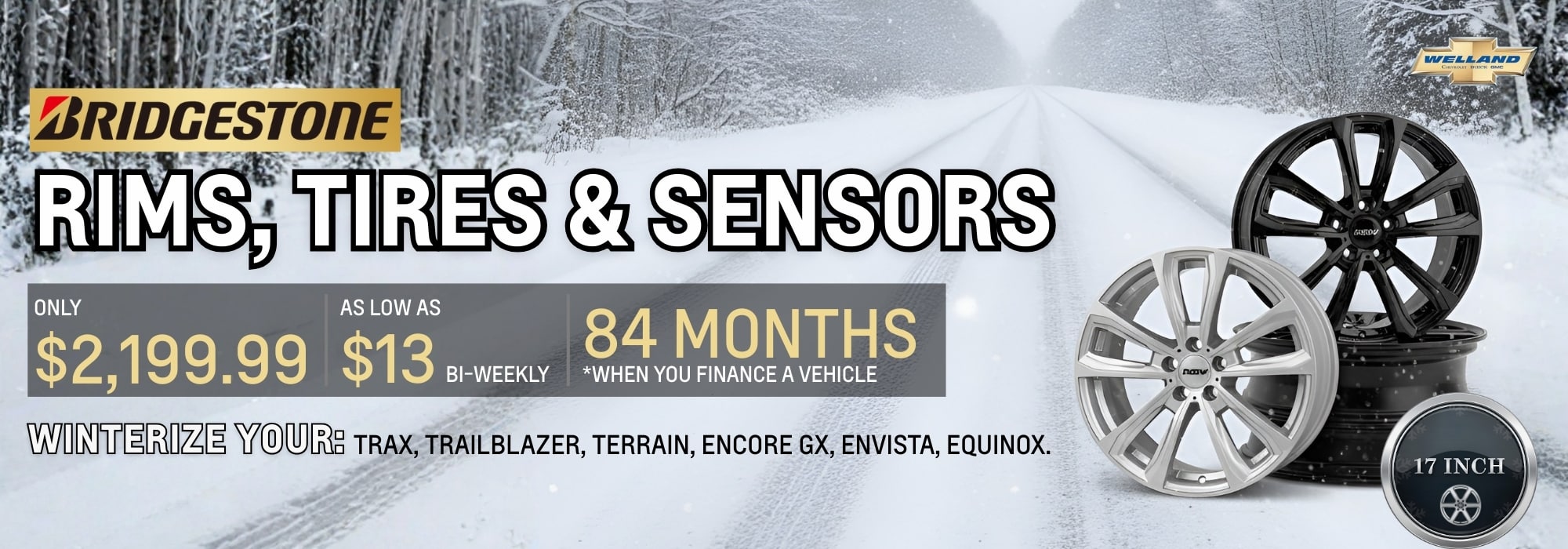 Bridgestone rims, tires, and sensors ad with pricing details on a snowy road background.