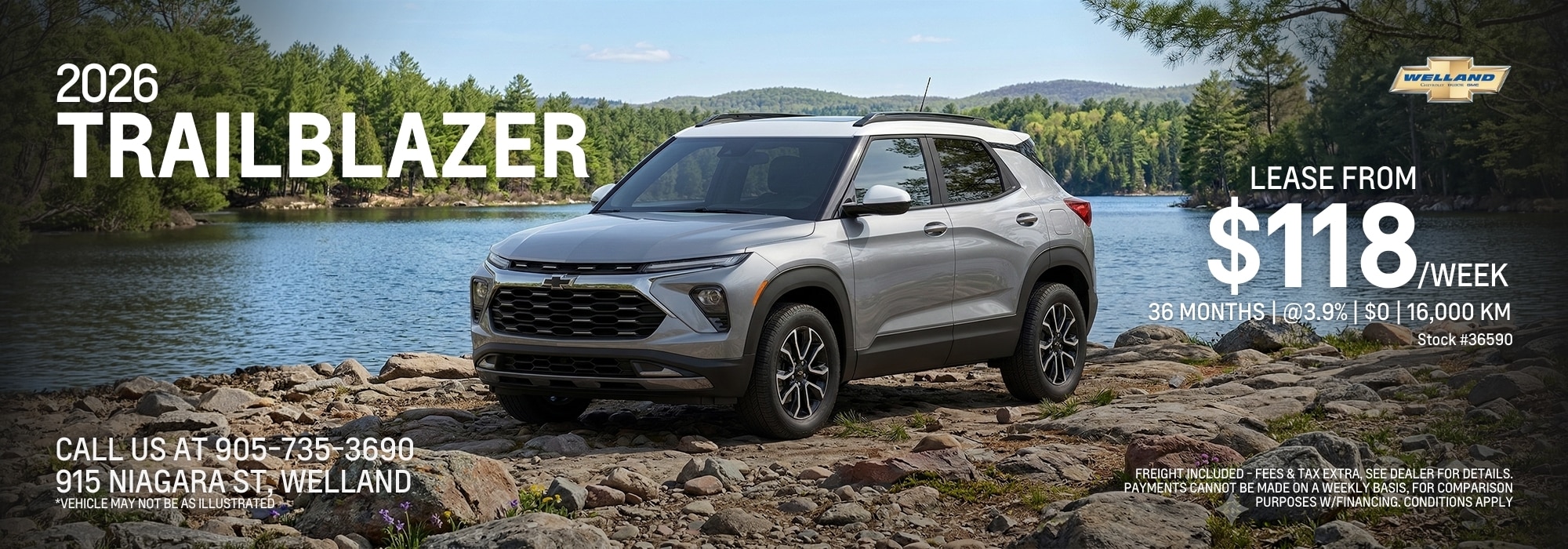 Silver 2026 Trailblazer SUV by a lake, lease from $118/week. Contact 905-735-3690 for more info.