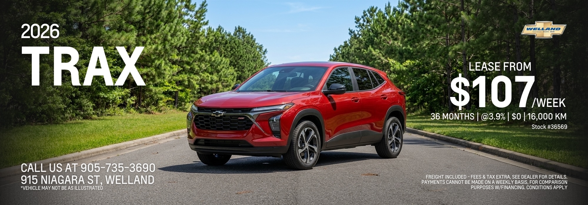 Red 2026 Chevy Trax parked on a road, available for lease at $107/week. Contact Welland dealership.