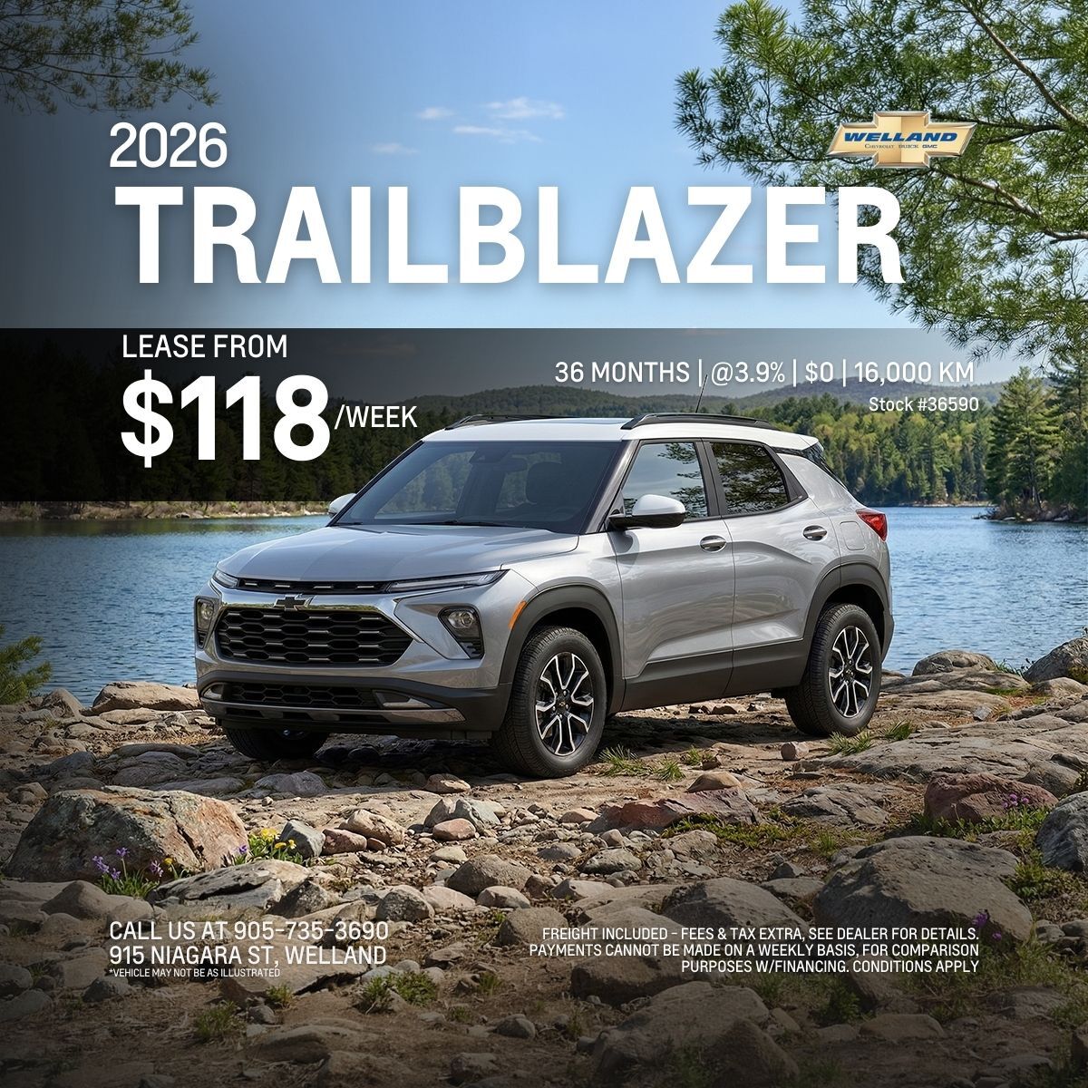 2026 Trailblazer silver SUV on rocky terrain near a lake, lease from $118/week, Welland dealership promo.