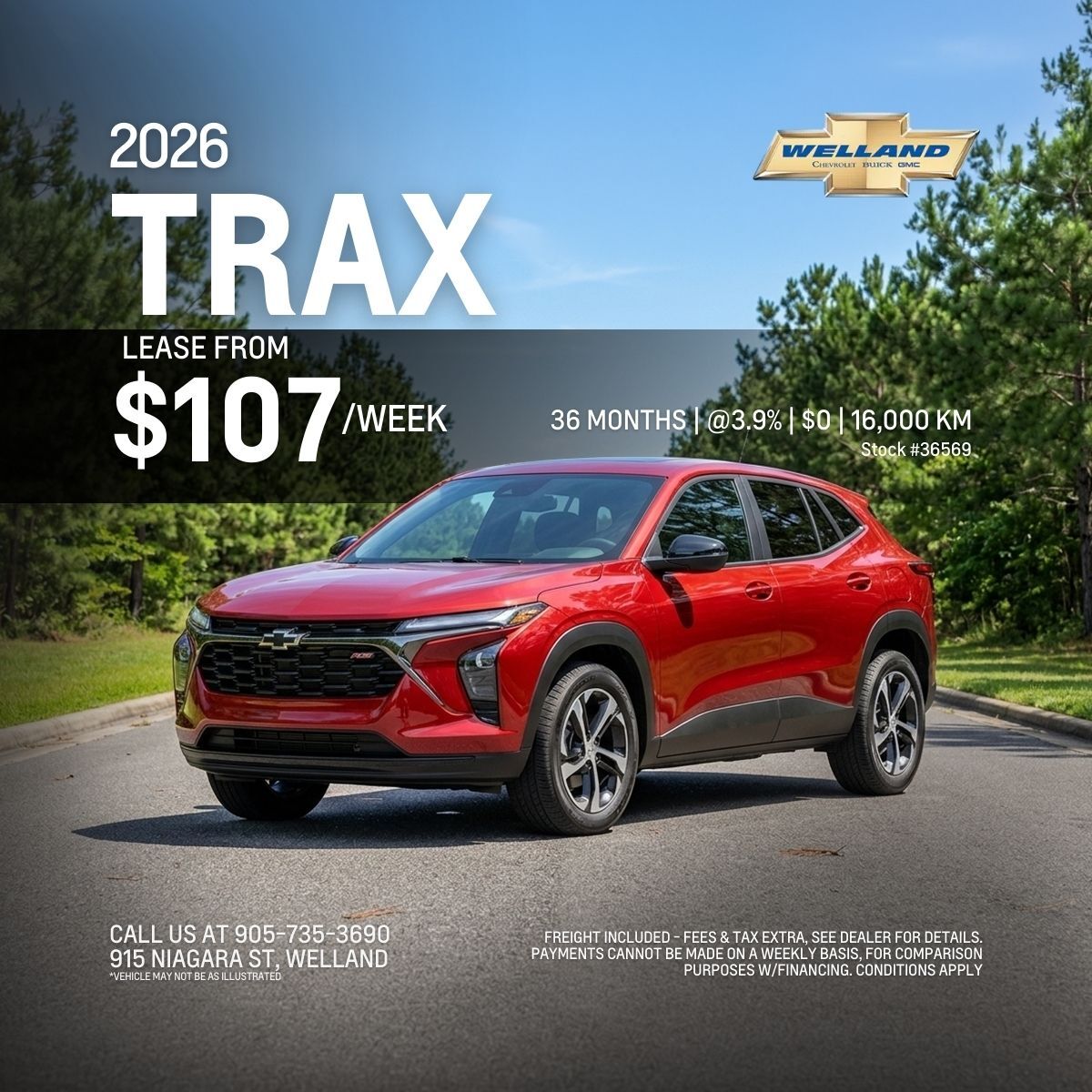 Red 2026 Trax SUV lease offer at $107/week. 36 months, 16,000 km limit. Contact Welland Chevrolet for details.