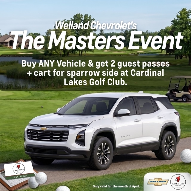 Chevrolet SUV on a golf course promoting Welland Chevrolet's Masters Event with a special vehicle offer.