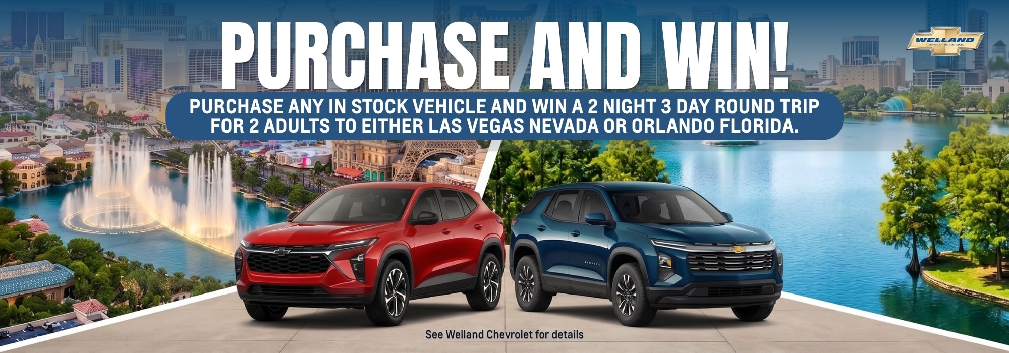 Cars in front of Las Vegas skyline advertising a contest to win a trip with vehicle purchase.