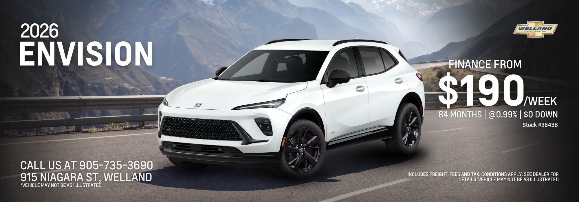 White 2026 Envision SUV on a mountain road. Lease for $190/week. Contact Welland Chevrolet, 915 Niagara St.