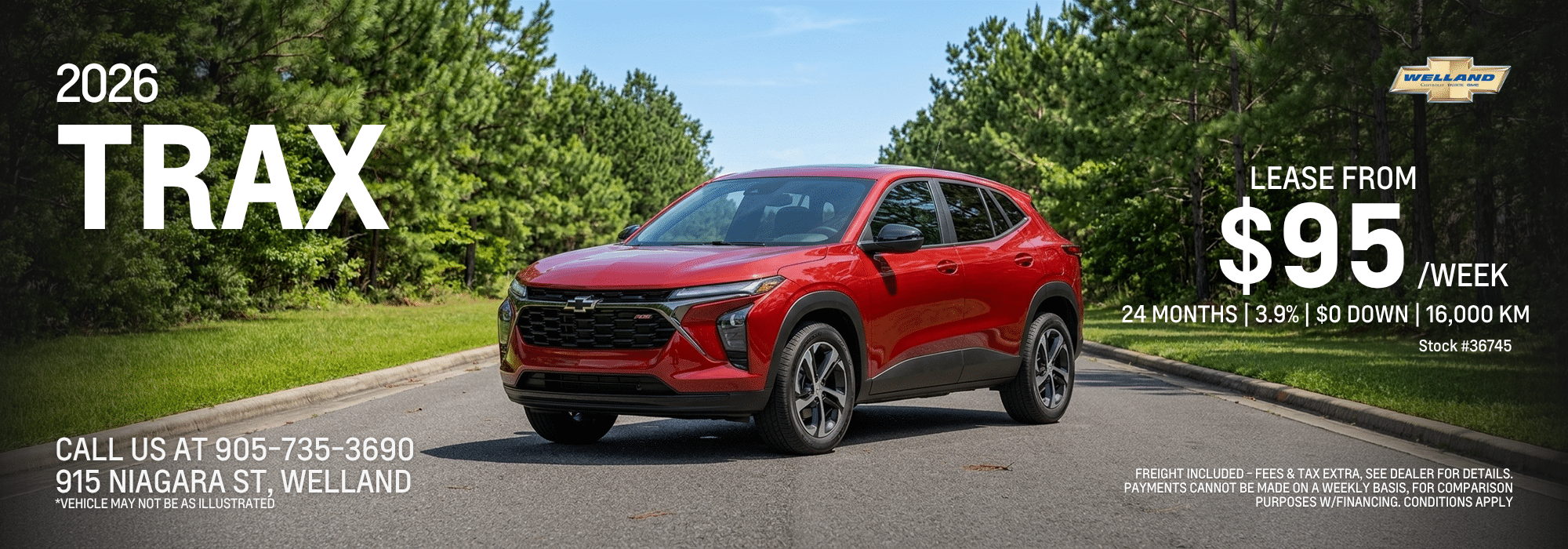 Red 2026 Chevrolet Trax on a forest road with lease details: $95/week, 24 months, 3.9% APR. Contact Welland dealer.