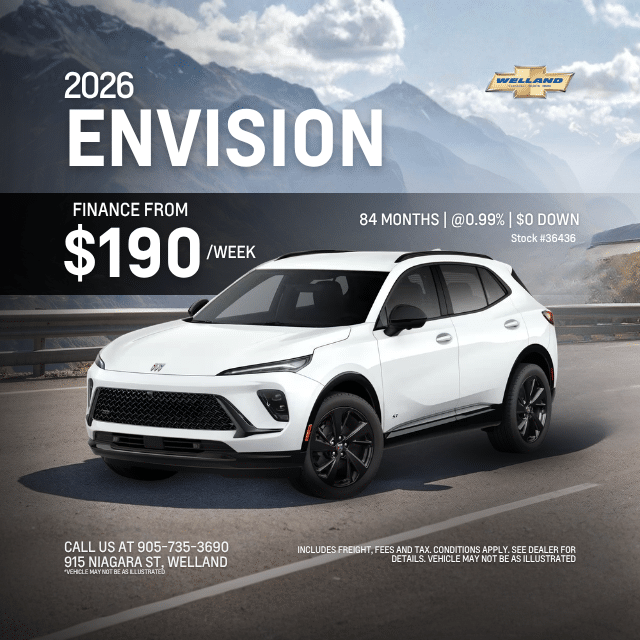 White 2026 Envision SUV ad with finance offer from $190/week. Mountains in the background.