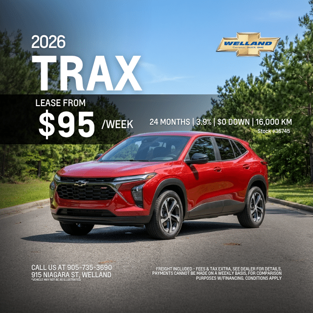 2026 red Trax SUV ad with Welland logo, $95/week lease, 24 months, 3.9% interest, 16,000 km. Call 905-735-3690.